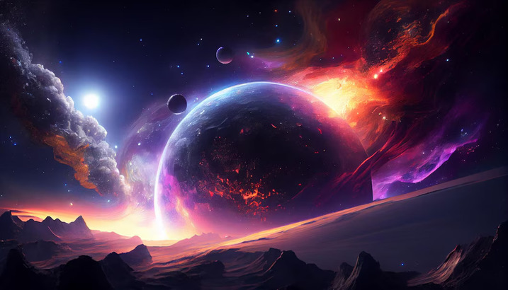 Desktop space nebula with planets